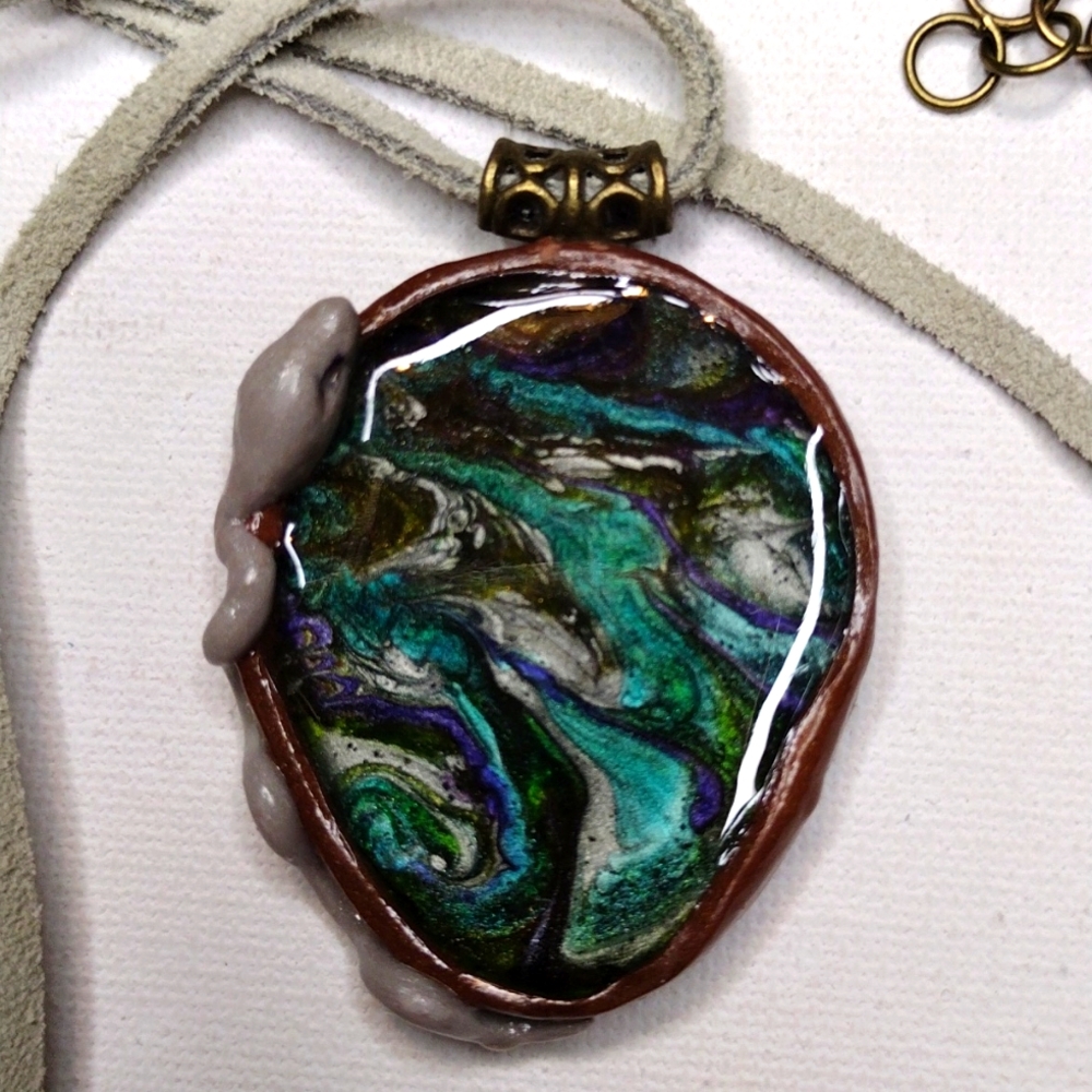 Mystic Snake Metallic Purple, Turquoise & silver Necklace, OOAK on leather cord